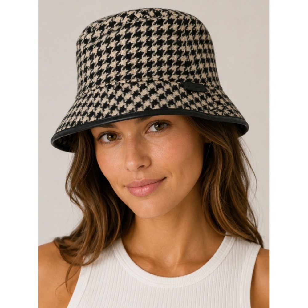 Coach VTG Houndstooth Wool Bucket Hat Black Cream Leather Trim Mens Womens M L